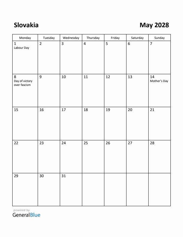 May 2028 Calendar with Slovakia Holidays
