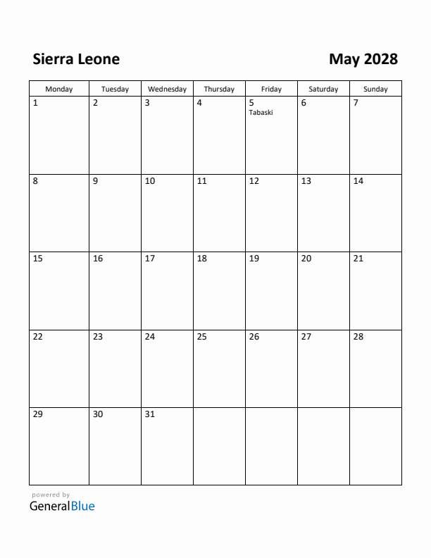 May 2028 Calendar with Sierra Leone Holidays