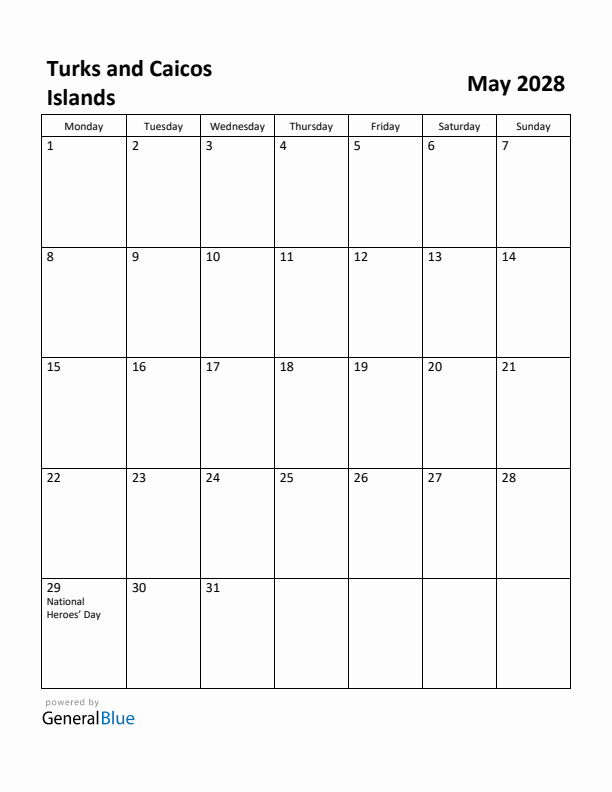May 2028 Calendar with Turks and Caicos Islands Holidays