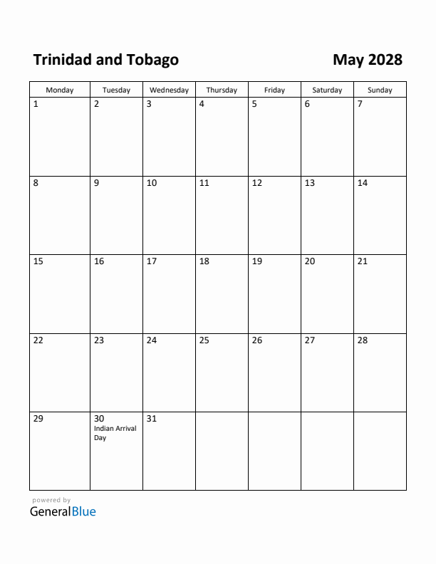 May 2028 Calendar with Trinidad and Tobago Holidays