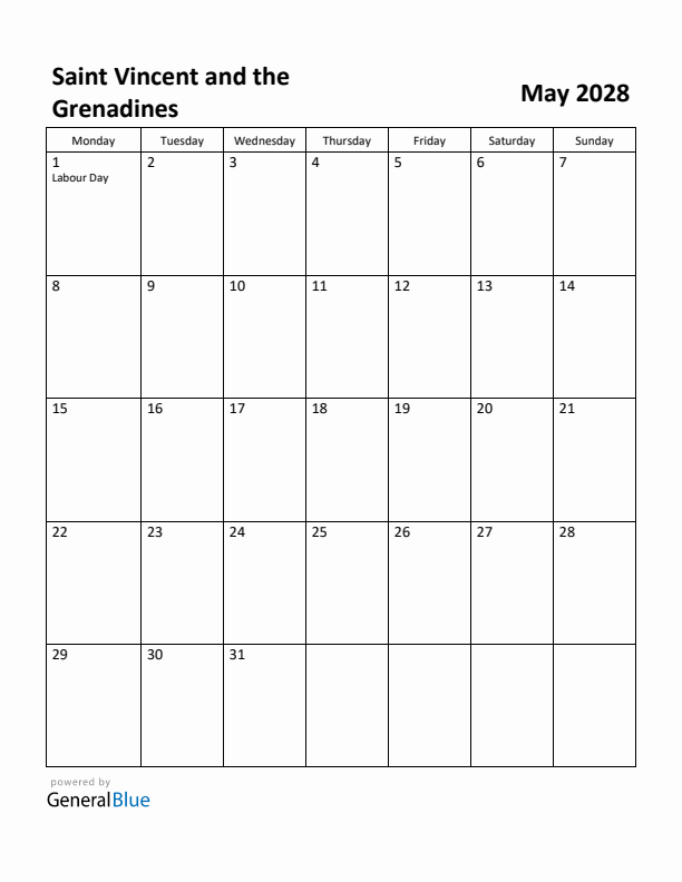 May 2028 Calendar with Saint Vincent and the Grenadines Holidays