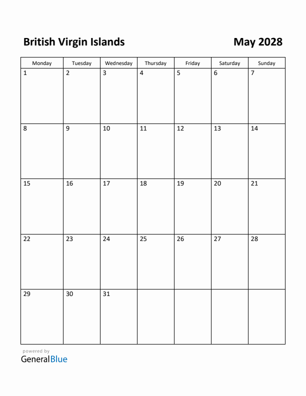 May 2028 Calendar with British Virgin Islands Holidays