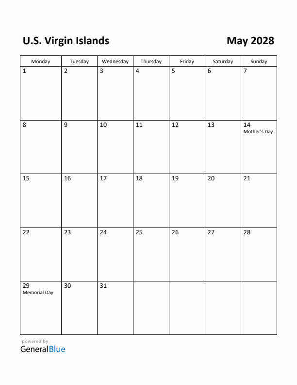 May 2028 Calendar with U.S. Virgin Islands Holidays