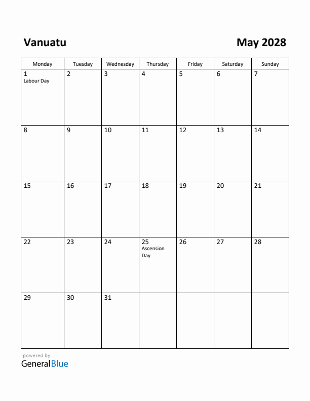 May 2028 Calendar with Vanuatu Holidays