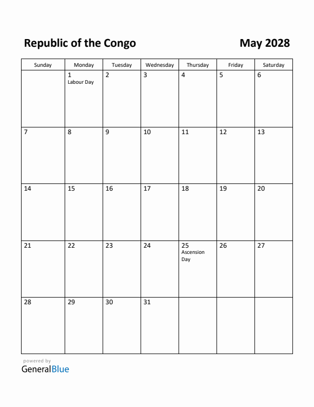 May 2028 Calendar with Republic of the Congo Holidays