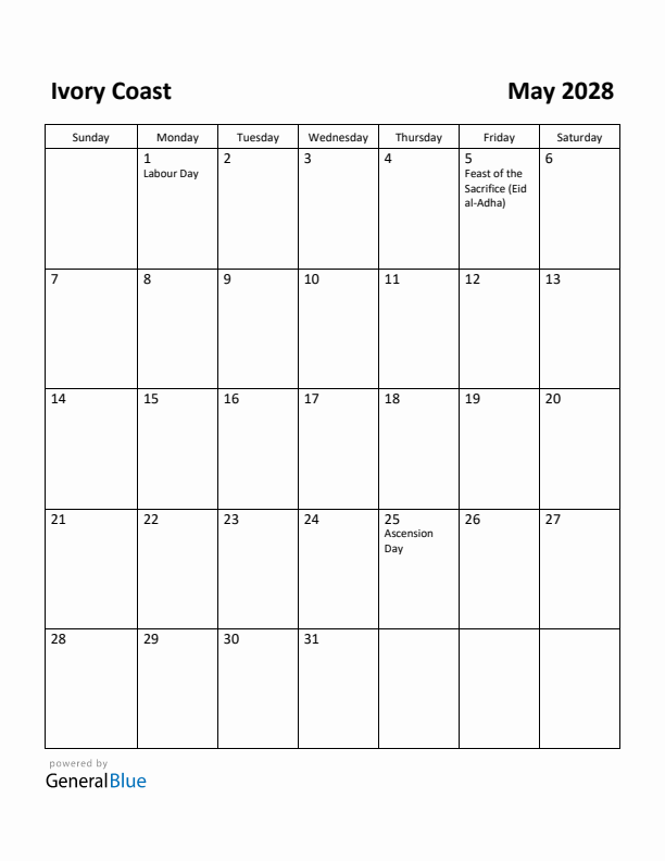May 2028 Calendar with Ivory Coast Holidays