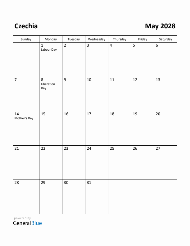 May 2028 Calendar with Czechia Holidays