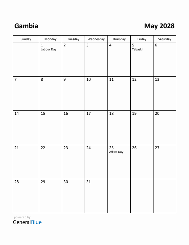May 2028 Calendar with Gambia Holidays