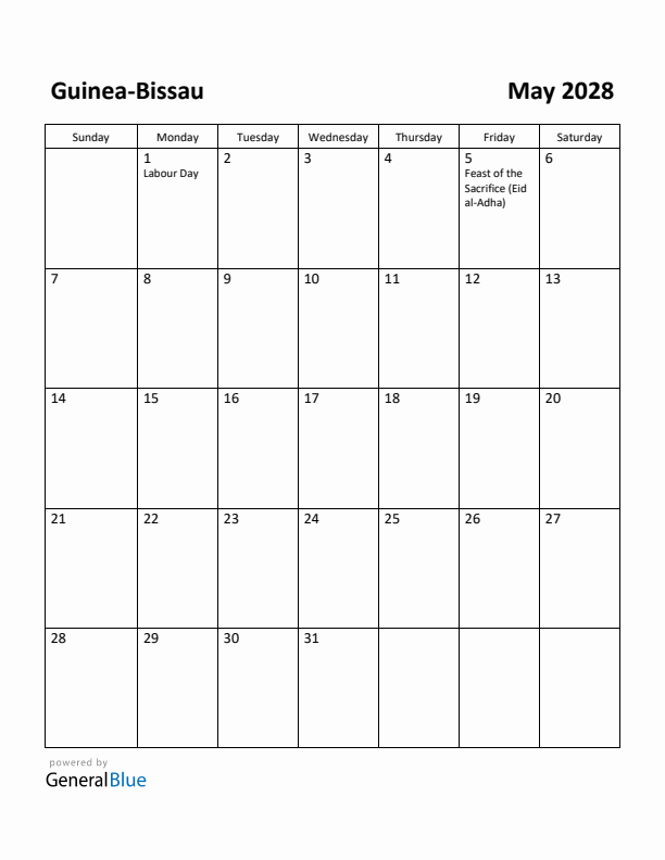 May 2028 Calendar with Guinea-Bissau Holidays