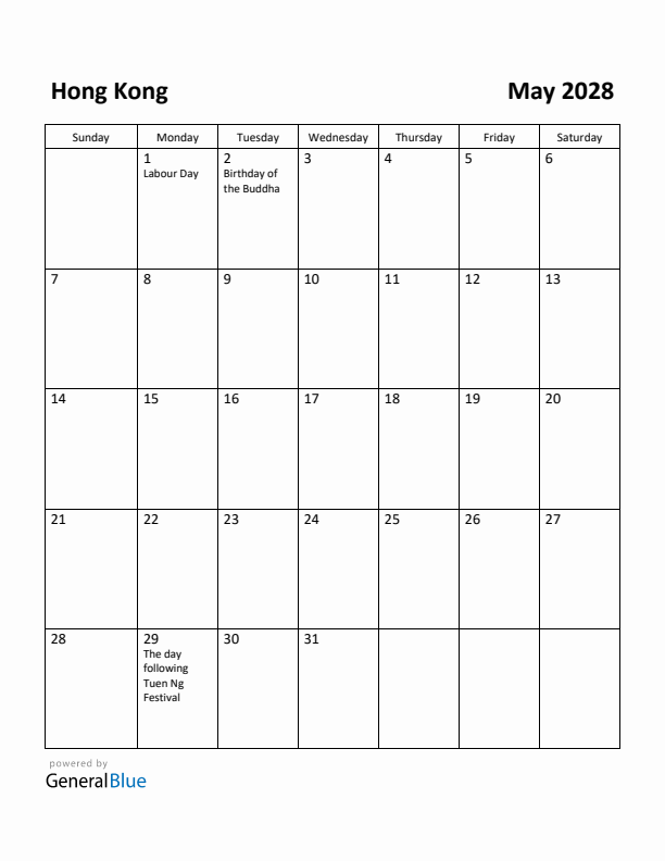 May 2028 Calendar with Hong Kong Holidays