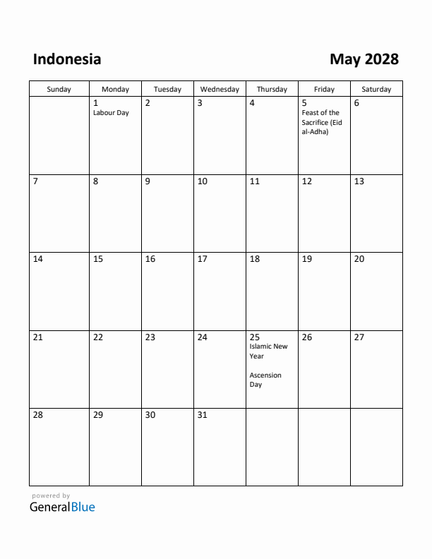 May 2028 Calendar with Indonesia Holidays