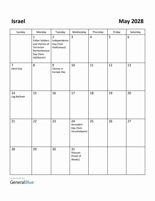 May 2028 Calendar with Israel Holidays