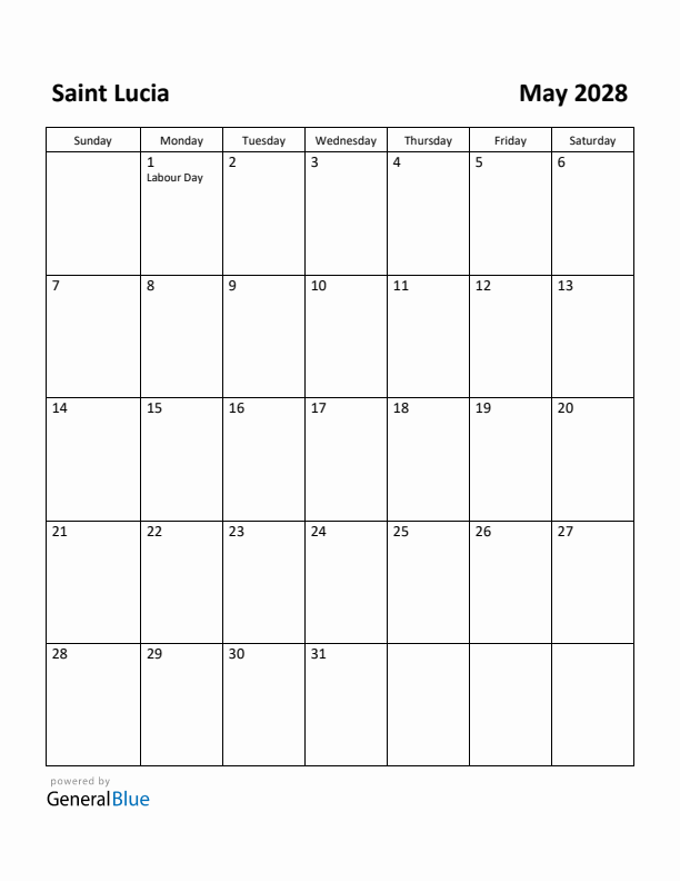 May 2028 Calendar with Saint Lucia Holidays