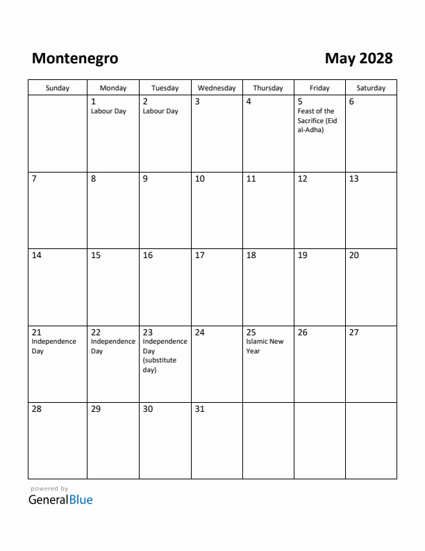 May 2028 Calendar with Montenegro Holidays