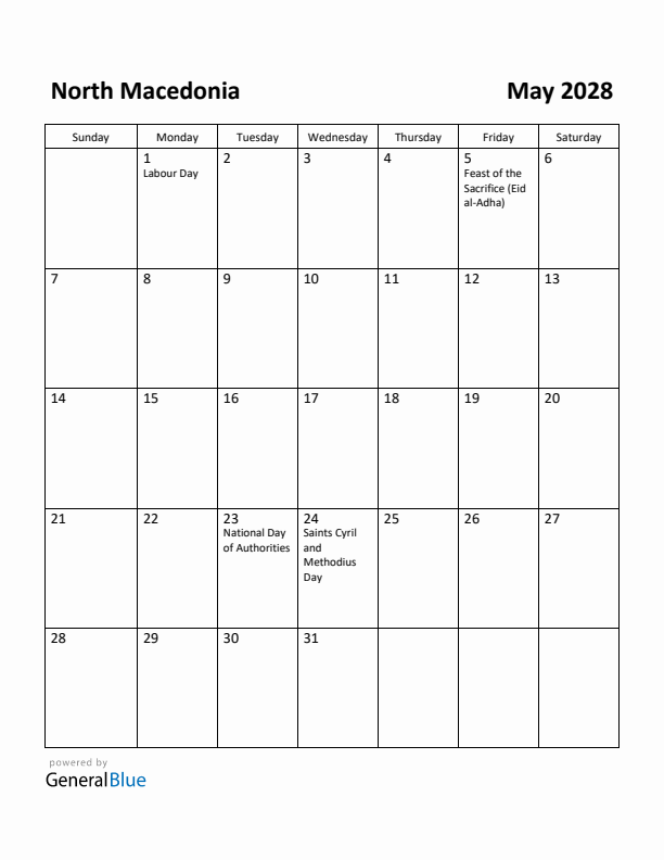 May 2028 Calendar with North Macedonia Holidays