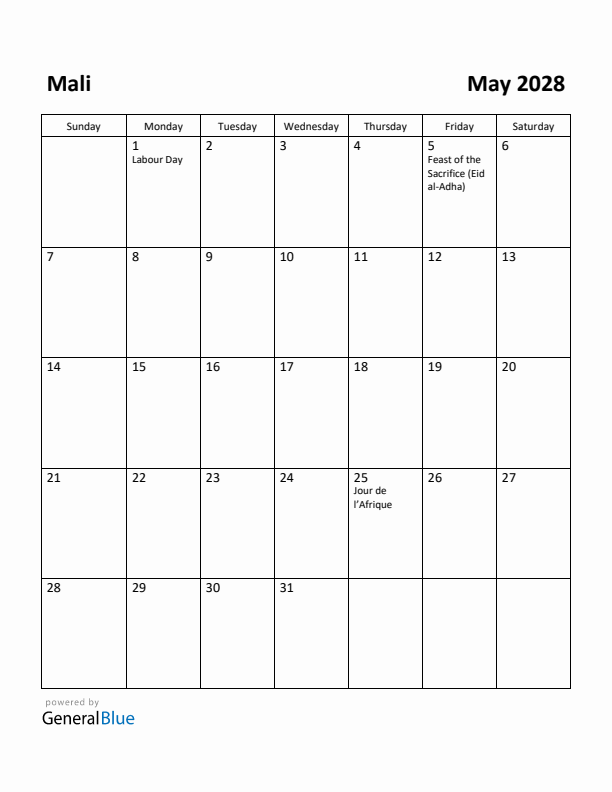 May 2028 Calendar with Mali Holidays