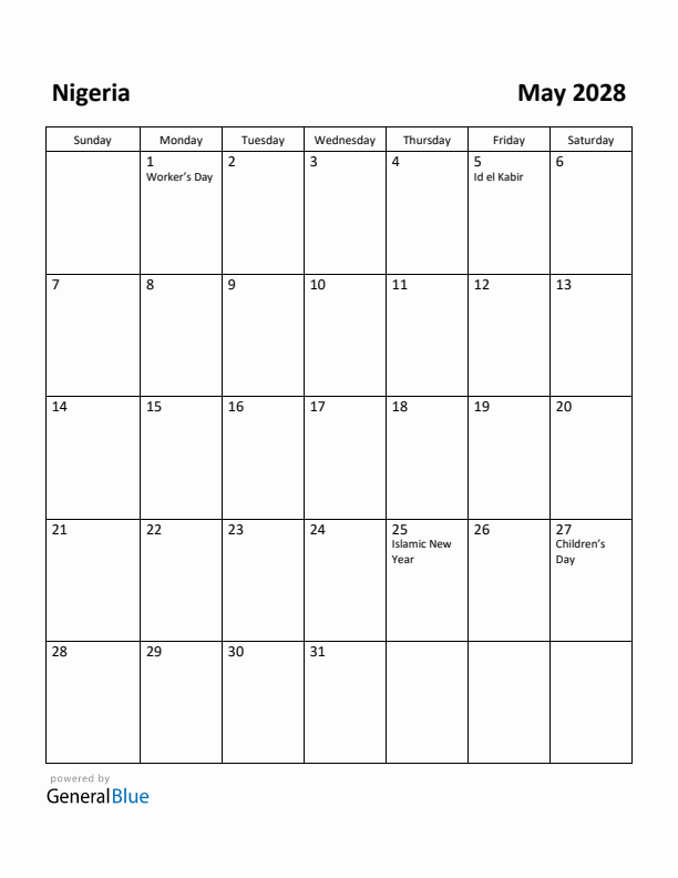 May 2028 Calendar with Nigeria Holidays