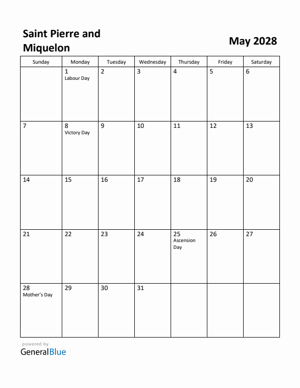 May 2028 Calendar with Saint Pierre and Miquelon Holidays