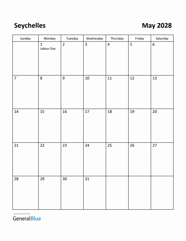 May 2028 Calendar with Seychelles Holidays