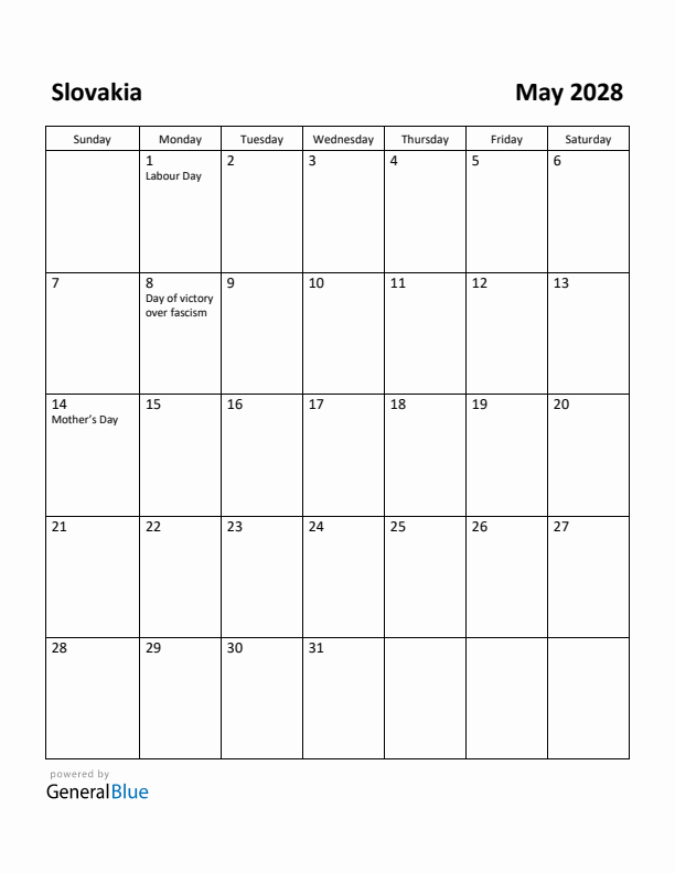 May 2028 Calendar with Slovakia Holidays