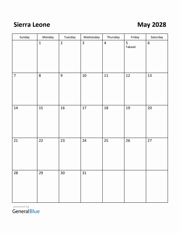 May 2028 Calendar with Sierra Leone Holidays