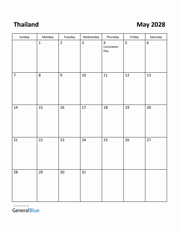 May 2028 Calendar with Thailand Holidays