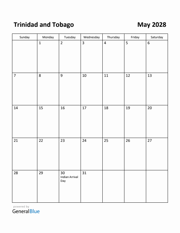 May 2028 Calendar with Trinidad and Tobago Holidays