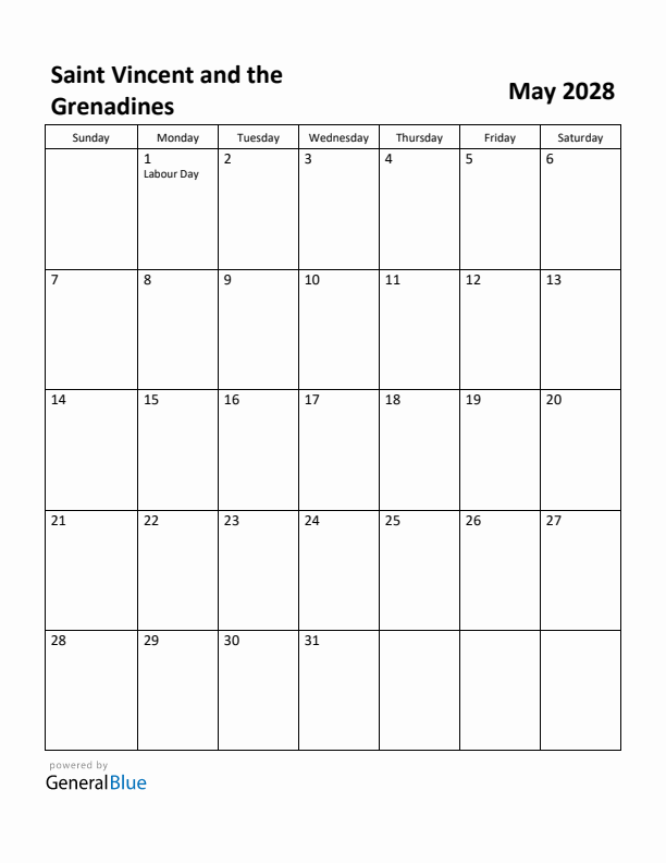 May 2028 Calendar with Saint Vincent and the Grenadines Holidays