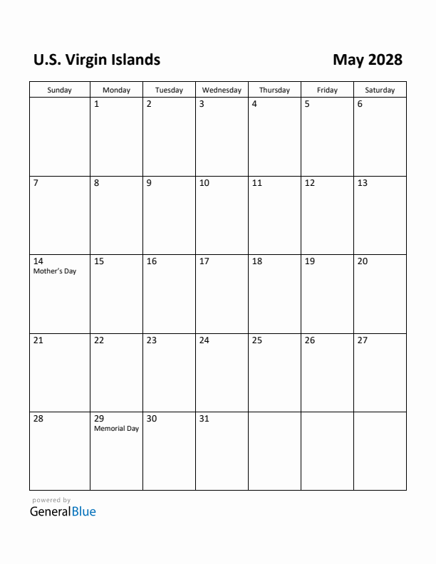 May 2028 Calendar with U.S. Virgin Islands Holidays