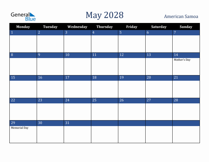 May 2028 American Samoa Calendar (Monday Start)