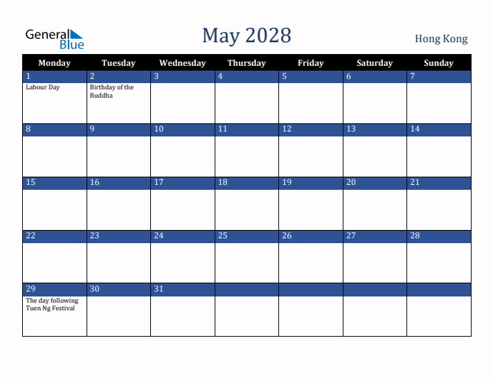 May 2028 Hong Kong Calendar (Monday Start)