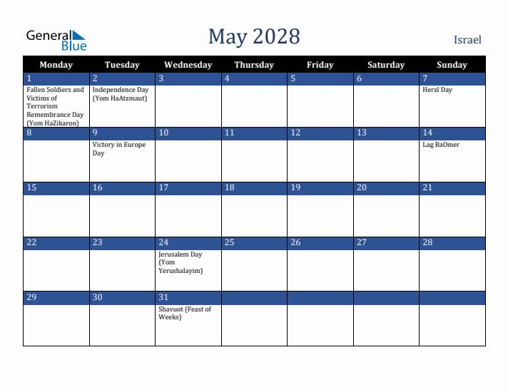 May 2028 Israel Calendar (Monday Start)