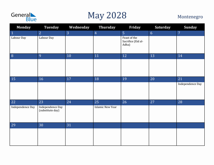 May 2028 Montenegro Calendar (Monday Start)