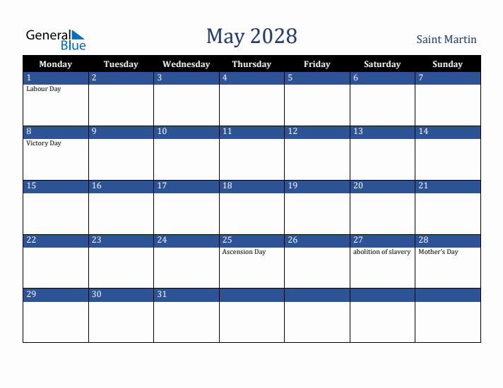 May 2028 Saint Martin Calendar (Monday Start)