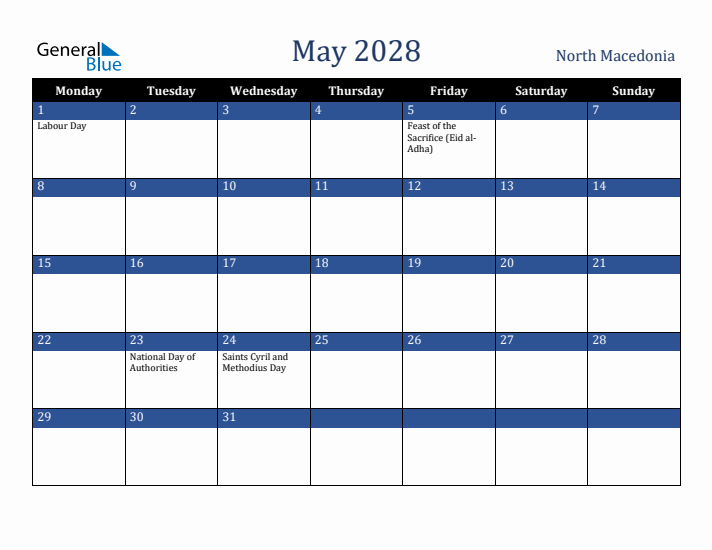 May 2028 North Macedonia Calendar (Monday Start)