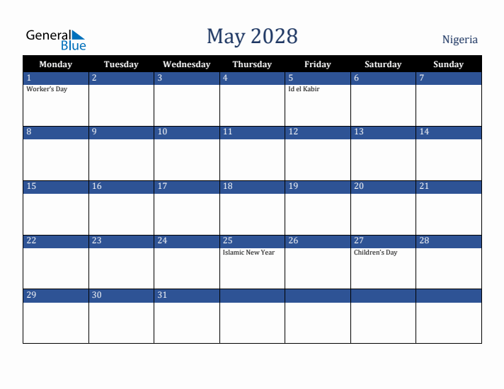 May 2028 Nigeria Calendar (Monday Start)