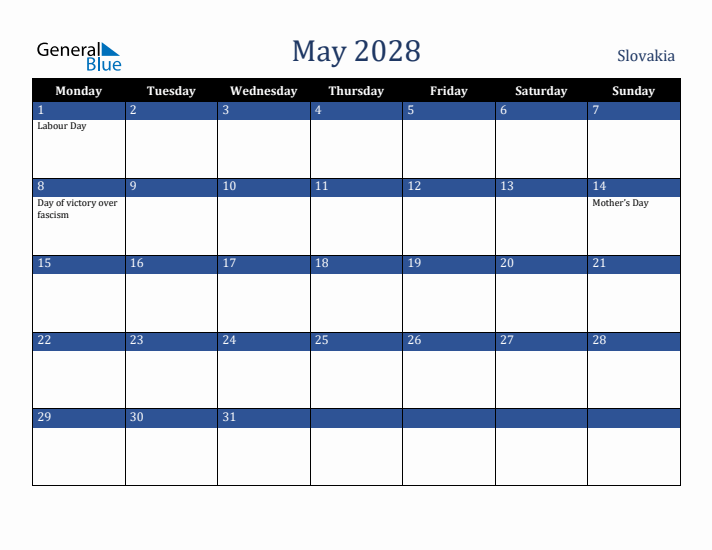 May 2028 Slovakia Calendar (Monday Start)
