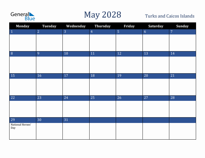 May 2028 Turks and Caicos Islands Calendar (Monday Start)