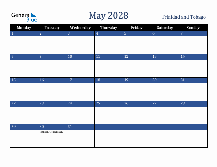 May 2028 Trinidad and Tobago Calendar (Monday Start)