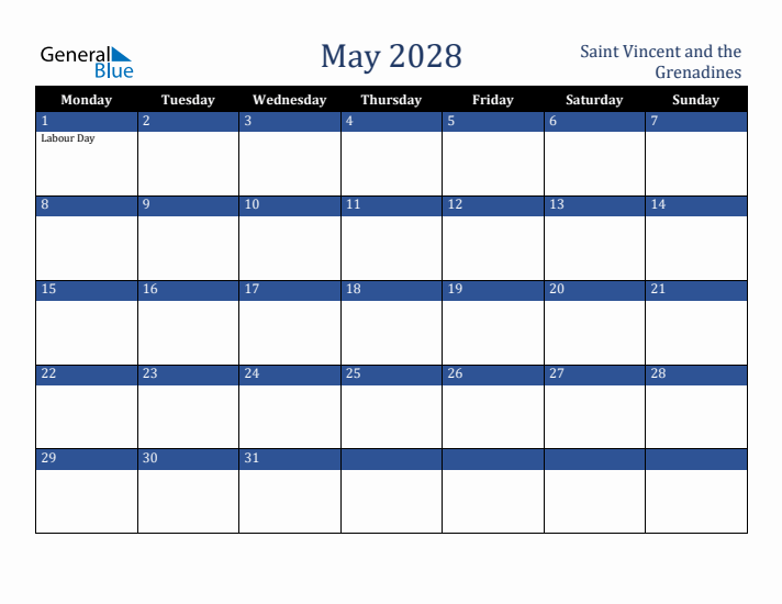May 2028 Saint Vincent and the Grenadines Calendar (Monday Start)