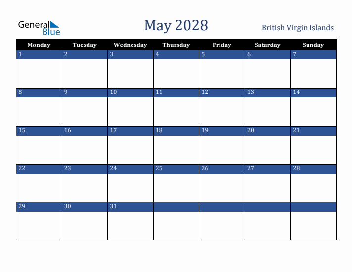 May 2028 British Virgin Islands Calendar (Monday Start)