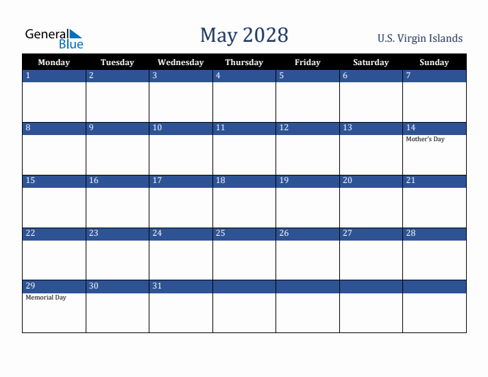 May 2028 U.S. Virgin Islands Calendar (Monday Start)