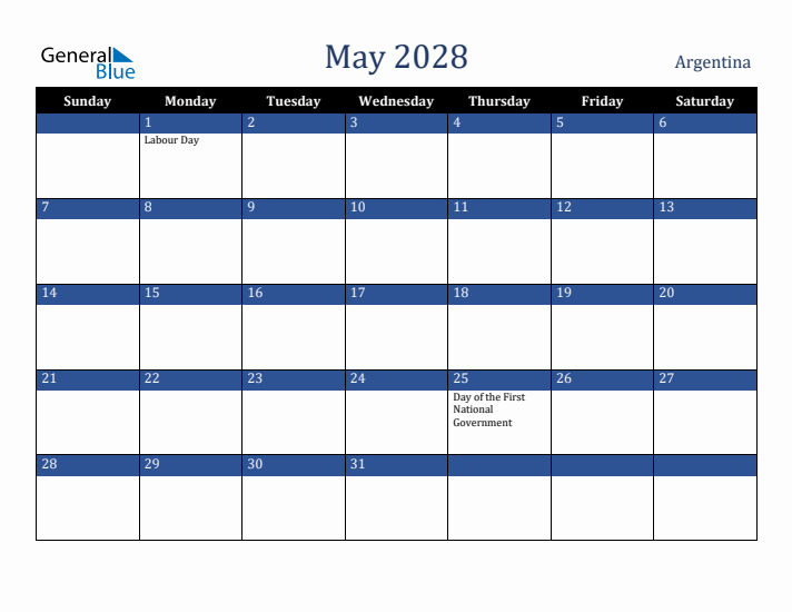 May 2028 Argentina Calendar (Sunday Start)