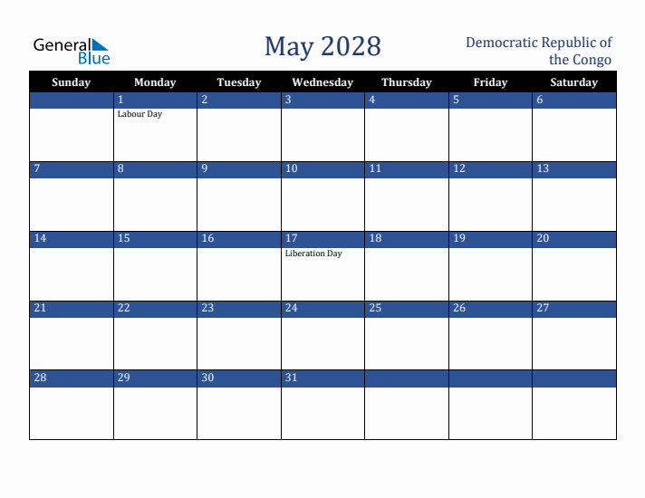 May 2028 Democratic Republic of the Congo Calendar (Sunday Start)