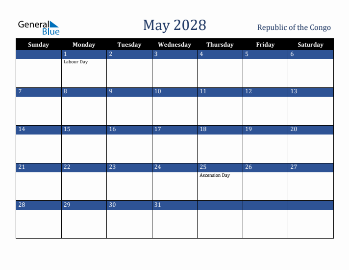 May 2028 Republic of the Congo Calendar (Sunday Start)