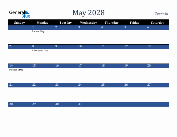 May 2028 Czechia Calendar (Sunday Start)