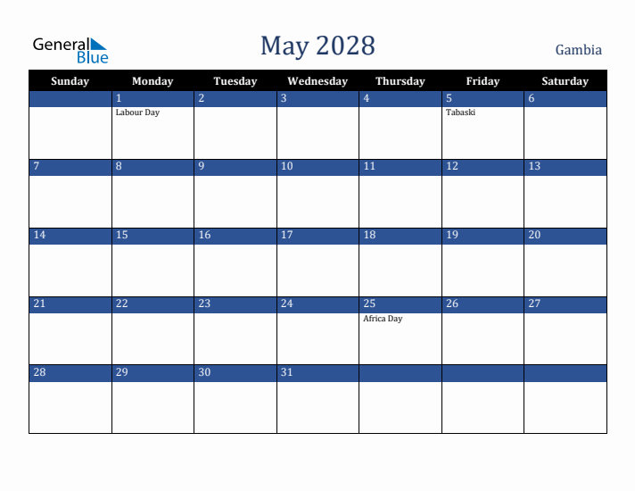 May 2028 Gambia Calendar (Sunday Start)