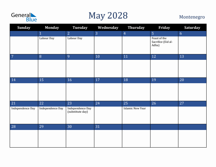 May 2028 Montenegro Calendar (Sunday Start)