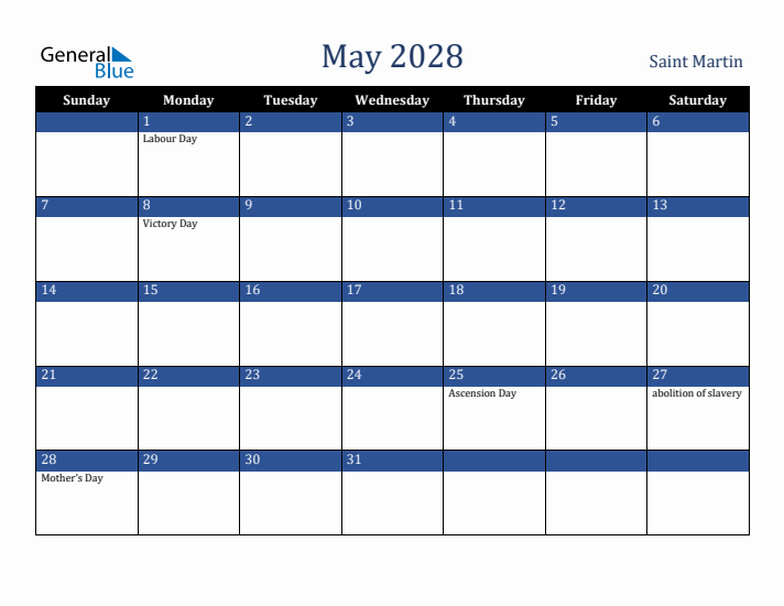 May 2028 Saint Martin Calendar (Sunday Start)
