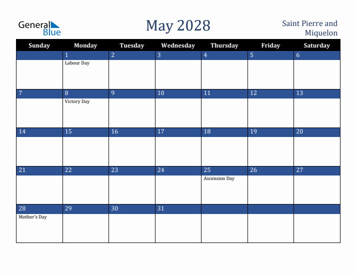 May 2028 Saint Pierre and Miquelon Calendar (Sunday Start)